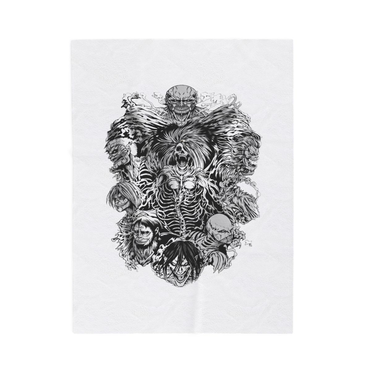 Black woven throw blanket featuring a white graphic print of the nine Titans from the anime Attack on Titan. The Titans are depicted in a menacing pose with their skeletal structures visible - Attack on Titan official accessories merch
