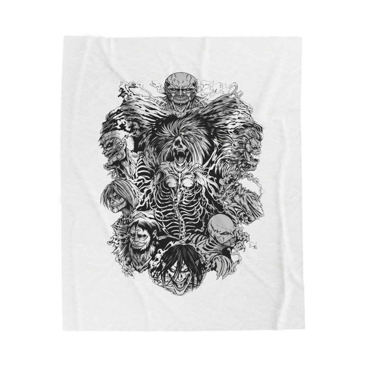 Black woven throw blanket featuring a white graphic print of the nine Titans from the anime Attack on Titan. The Titans are depicted in a menacing pose with their skeletal structures visible - Official accessories merchandise