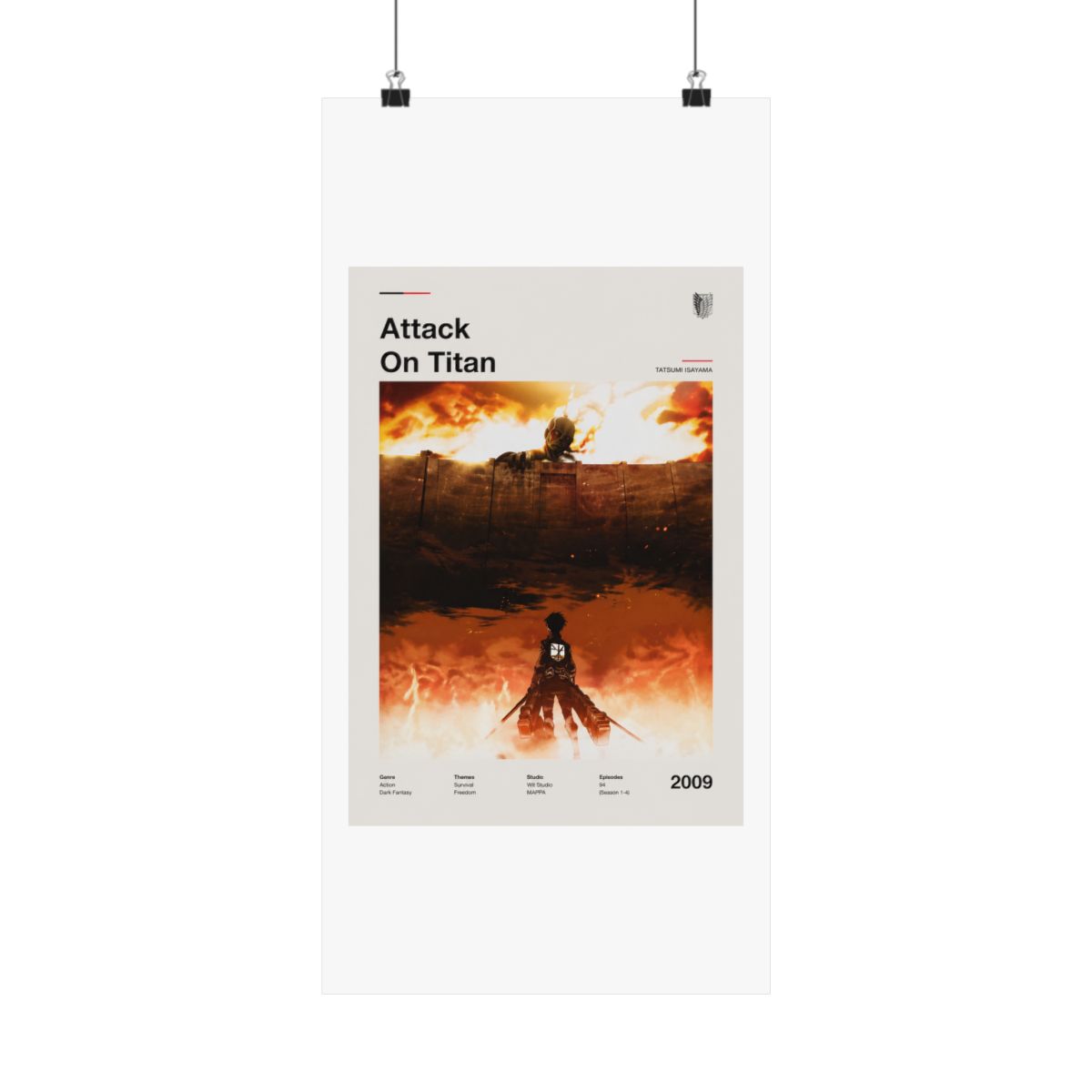 Framed poster with the title "Attack On Titan" in black. The artwork shows a silhouetted figure against a fiery orange and brown backdrop. The year "2009" is displayed in the bottom right corner of...