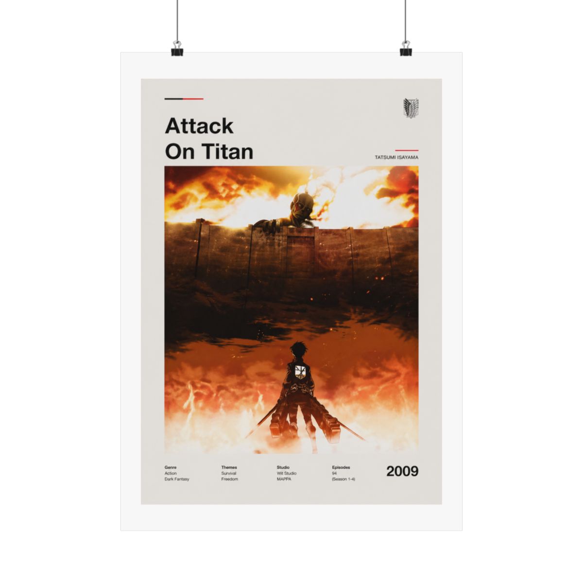 Framed poster with the title "Attack On Titan" in black. The artwork shows a silhouetted figure against a fiery orange and brown backdrop. The year "2009" is displayed in the bottom right corner of... - alternate angle 2, merchandise