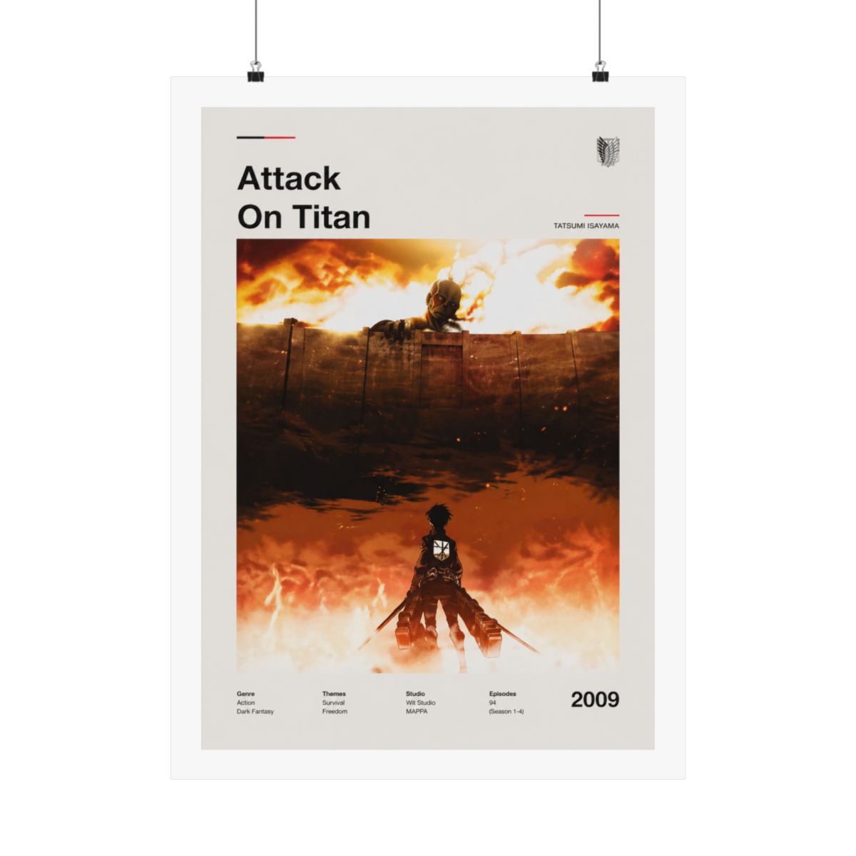 Framed poster with the title "Attack On Titan" in black. The artwork shows a silhouetted figure against a fiery orange and brown backdrop. The year "2009" is displayed in the bottom right corner of... - alternate angle 3, merchandise
