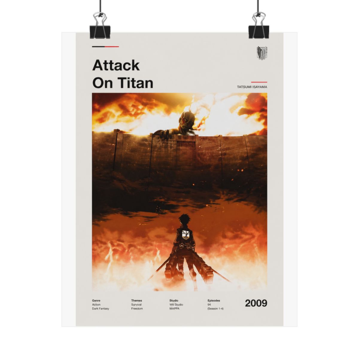 Framed poster with the title "Attack On Titan" in black. The artwork shows a silhouetted figure against a fiery orange and brown backdrop. The year "2009" is displayed in the bottom right corner of...